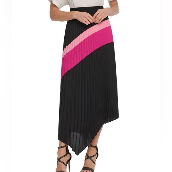 DKNY NWT Black Pink Pleated Asymmetrical Hem Midi Skirt Size XXS - Picture 1 of 10